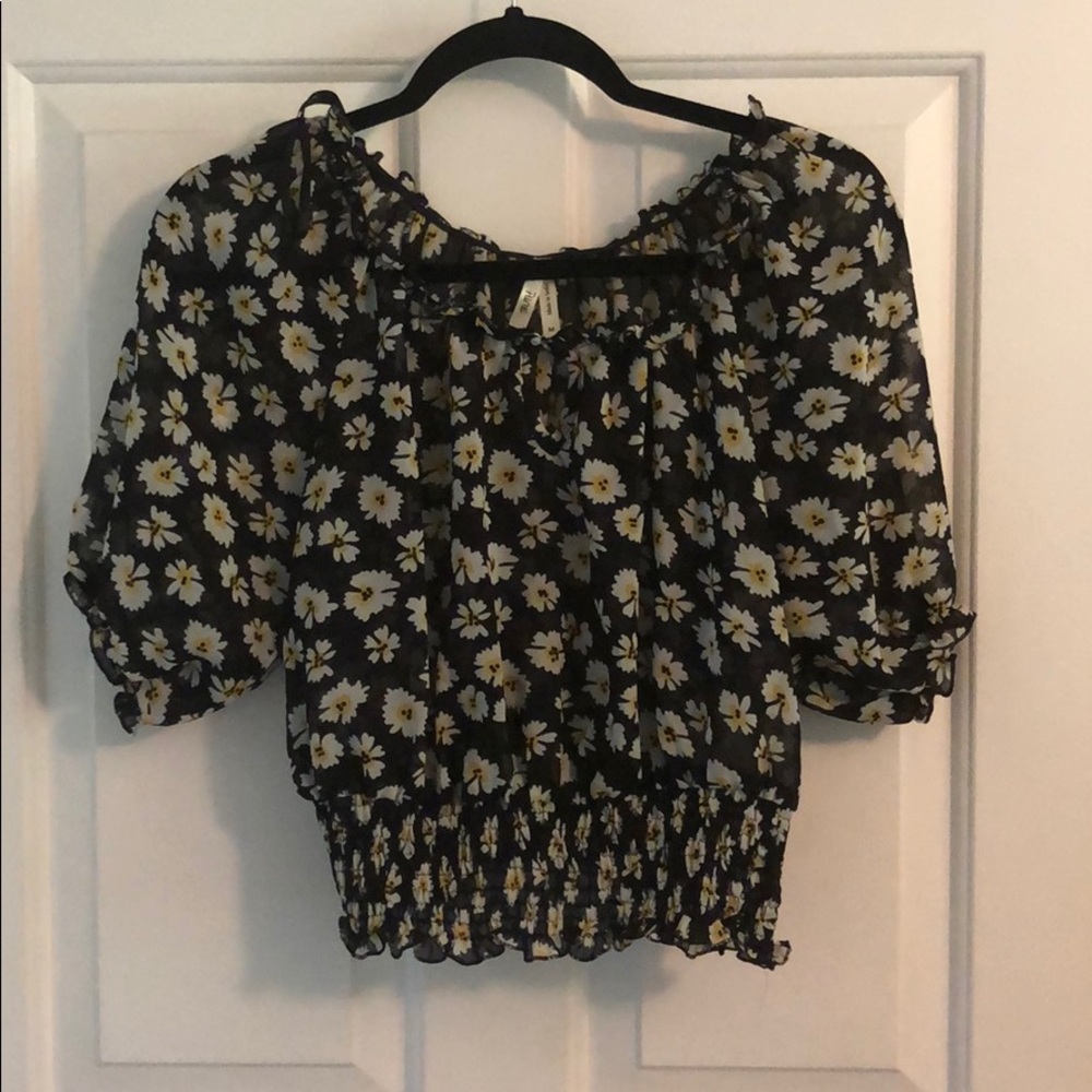 Sheer black off the shoulder shirt w/daisy pattern